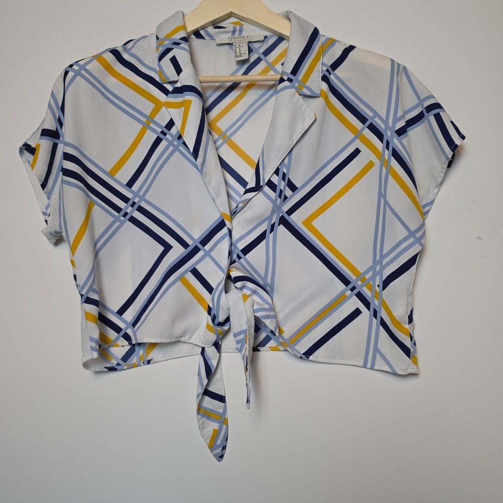Forever 21 Geometric Plaid Tie Front Crop Top White Blue Yellow Size Medium